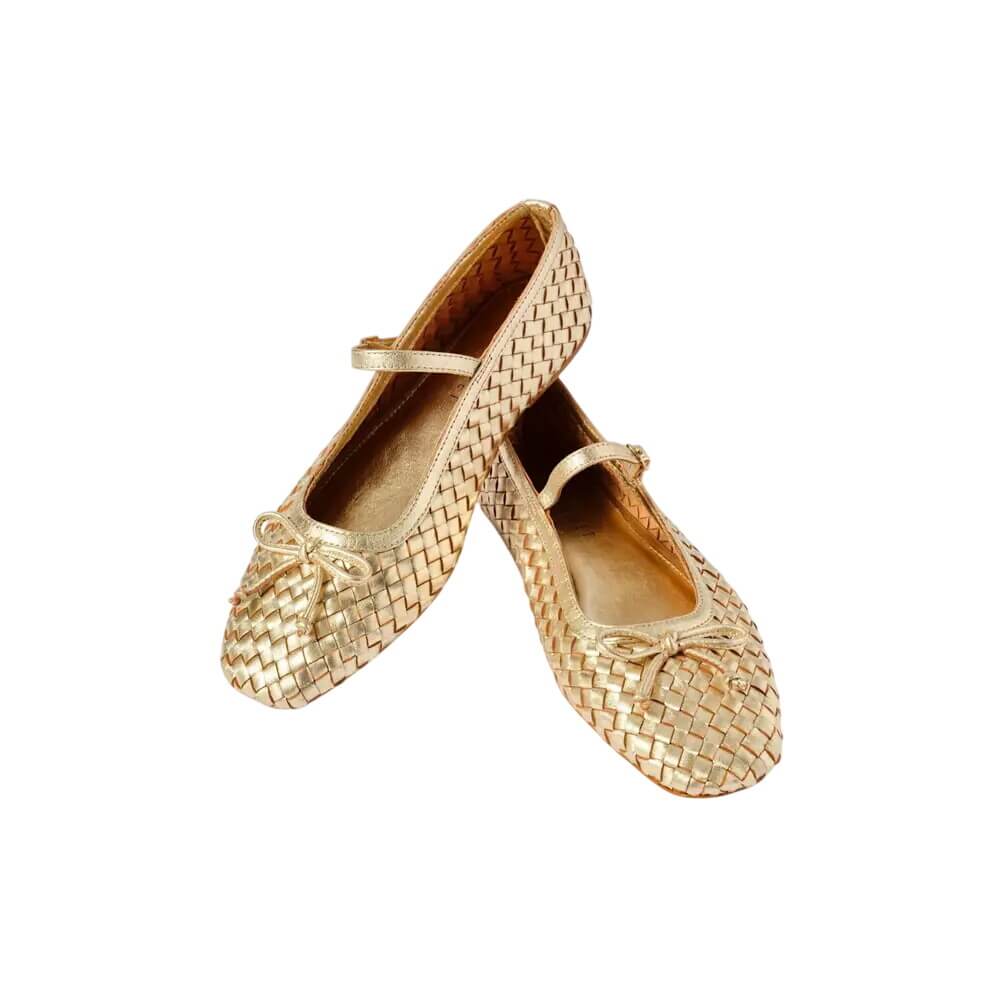 Mint Velvet Charley Gold Leather Woven Pump Shoes